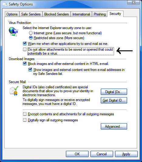 allow attatchments with windows live mail